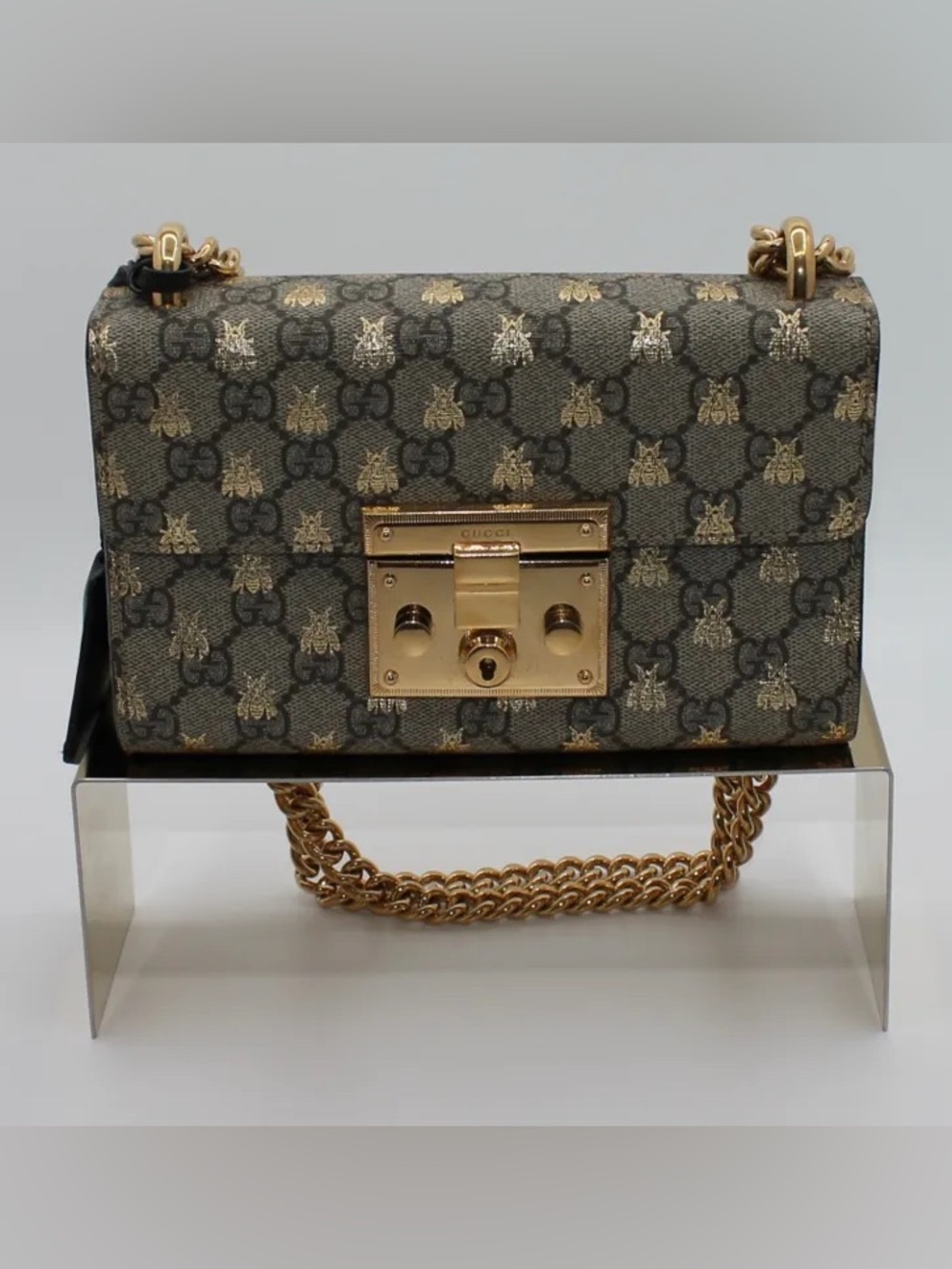 Gucci GG Canvas Shoulder Bag with Gold Bee Motif and Chain